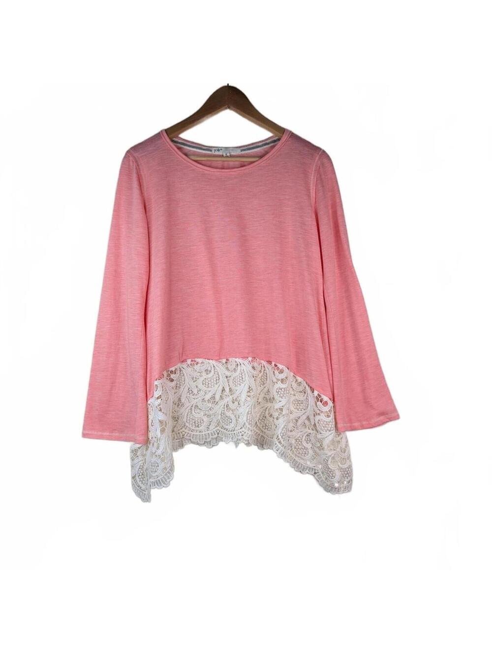 Jolt Pink Long-Sleeve‎ Top with White Crochet Scalloped Hem, Size M